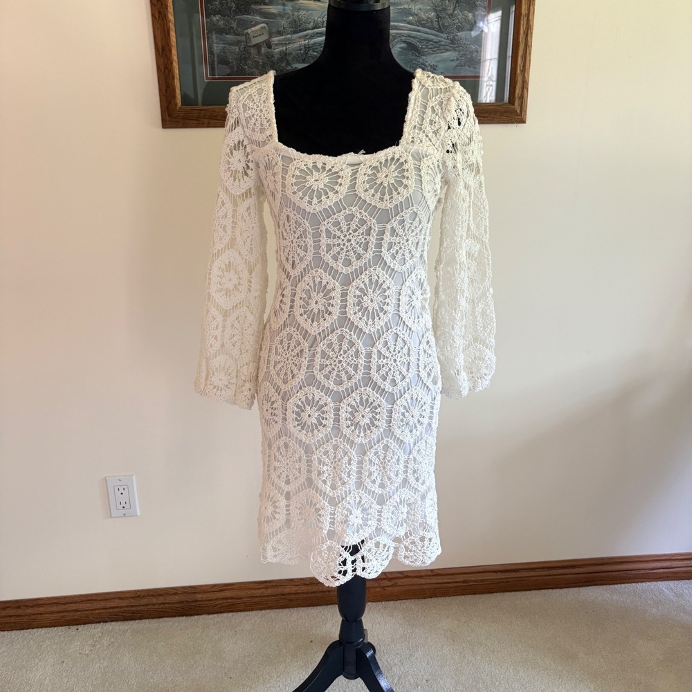 Kings Road Crochet Lace Dress Womens Petite Small White Boho Long Sleeve Sheath